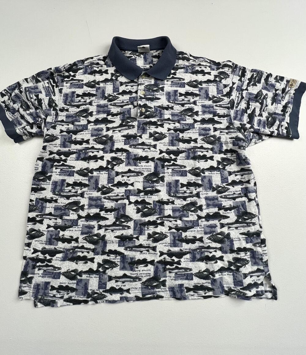 Columbia Polo Shirt Mens 2XL Blue Fish Graphic Short Sleeve Fishing Casual Knit